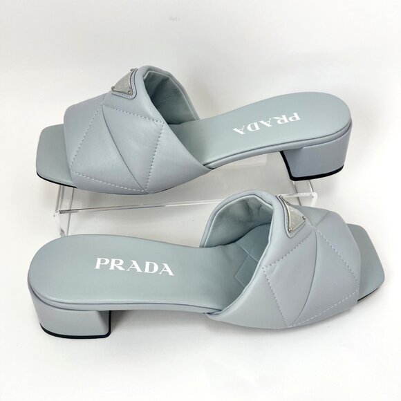 Prada Gray Quilted Sandals Block Heel Square Toe Women Leather Slides Size 39 - Picture 1 of 15
